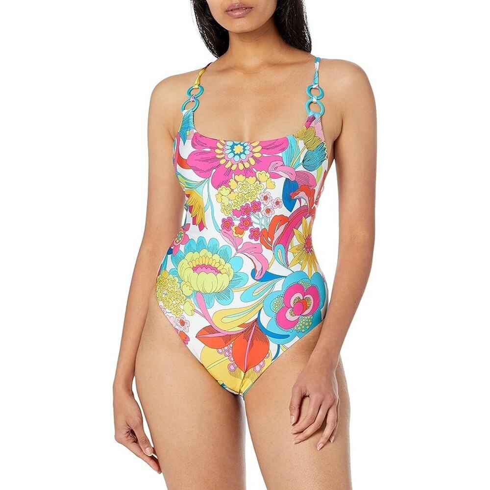 Trina Turk Fontaine Twist Bright Floral High Cut One Piece Swimsuit New Size 14